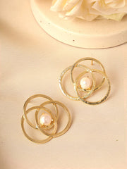 Geometric Circles Gold Plated Pearl Stud Earrings