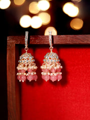 Pink Beads Kundan Mini Fresh Water Pearls Push back Gold Plated Jhumka Earrings