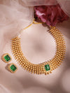 Gold Plated Brass Emerald Stone Studded Intricate Necklace With Earrings Set