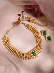 22KT Gold Plated Brass Emerald Stone Studded Intricate Necklace With Earrings Set