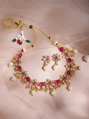 Gold Plated Brass Metal Ruby Studded White Beaded Floral Necklace Set