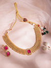 Gold Plated Brass Ruby Stone Studded Intricate Necklace With Earrings Set