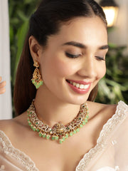 Gold-Plated Cubic Zirconia-Studded Beaded Necklace and Earrings