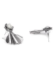 Oxidised Silver-Plated Pearl studded floral inspired Drop earrings