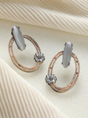 Grey Oval Floral AD Rose Gold Gunmetal Plated Earrings