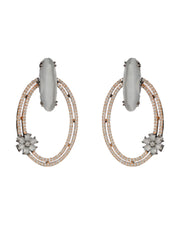 Grey Oval Floral AD Rose Gold Gunmetal Plated Earrings