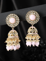 Pink Kundan Floral Pearl Gold-Plated Jhumka Earrings