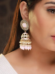 Pink Kundan Floral Pearl Gold-Plated Jhumka Earrings