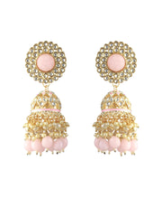 Pink Kundan Floral Pearl Gold-Plated Jhumka Earrings