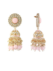 Pink Kundan Floral Pearl Gold-Plated Jhumka Earrings