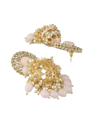 Pink Kundan Floral Pearl Gold-Plated Jhumka Earrings