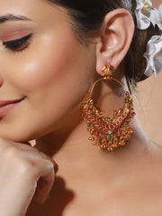 Peacock Pink & Green Stone Studded Beads Gold-Plated Drop Earrings