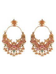 Peacock Pink & Green Stone Studded Beads Gold-Plated Drop Earrings