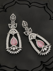 Pink Leaf American Diamond Silver-Plated Drop Earrings