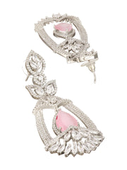 Pink Leaf American Diamond Silver-Plated Drop Earrings