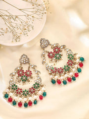 Floral Green and Ruby Stoned Beads Chandbalis