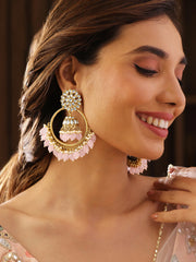 Floral Pink beads Gold Plated Kundan Elegant Jhumka Earrings