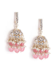 Pink Beads Kundan Mini Fresh Water Pearls Push back Gold Plated Jhumka Earrings