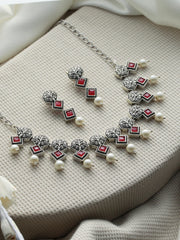 Studded Pink Block Pearl Drop Oxidised Silver Jewellery Set