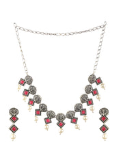 Studded Pink Block Pearl Drop Oxidised Silver Jewellery Set