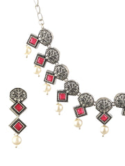 Studded Pink Block Pearl Drop Oxidised Silver Jewellery Set