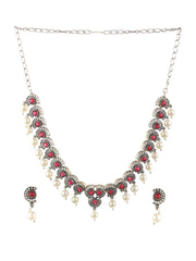 Pink Studded Floral Pearl Oxidised Silver Jewellery Set