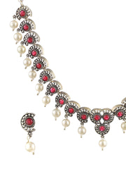 Pink Studded Floral Pearl Oxidised Silver Jewellery Set