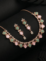 Pastel-Toned AD Oval Pattern Rose Gold-Plated Jewellery Set