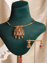 Goddess Laxmi Peacock Kemp Stone Gold-Plated Jewellery Set