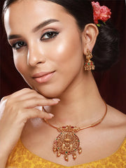 Goddess Laxmi Peacock Kemp Stone Gold-Plated Jewellery Set