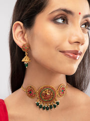 Gold Plated Real Kemp Stones Peacock Choker Set with Maangtika