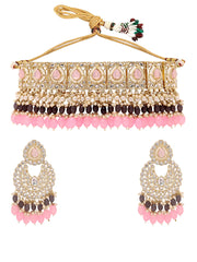 Exquisite Glamour Kundan Choker Set with Chandbali Earrings Adorned with Pink and Grey Stones