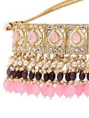 Exquisite Glamour Kundan Choker Set with Chandbali Earrings Adorned with Pink and Grey Stones