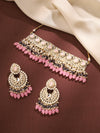 Exquisite Glamour Kundan Choker Set with Chandbali Earrings Adorned with Pink and Grey Stones