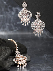 Rose Gold-Plated American Diamond Studded Floral inspired MaangTikka And Earrings Set