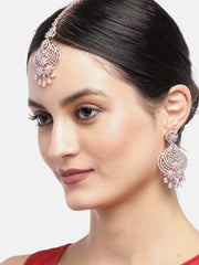 Rose Gold-Plated American Diamond Studded Floral inspired MaangTikka And Earrings Set