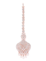 Rose Gold-Plated American Diamond Studded Floral inspired MaangTikka And Earrings Set