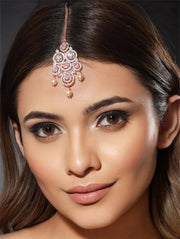 Pink Floral Design American Diamond Rose Gold-Plated Maangtikka