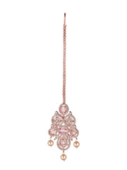 Pink Floral Design American Diamond Rose Gold-Plated Maangtikka