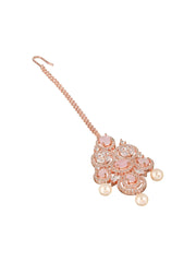 Pink Floral Design American Diamond Rose Gold-Plated Maangtikka