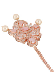 Pink Floral Design American Diamond Rose Gold-Plated Maangtikka