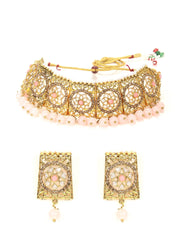 Pink Pearls Beads Stones Gold Plated Choker Set