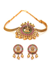 Multi Color Kemp Stones Gold Plated Temple Choker Set