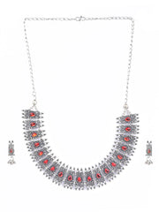 Red Stones Studded Silver Plated Jewellery Set