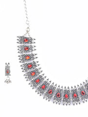 Red Stones Studded Silver Plated Jewellery Set