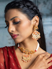 Ethnic Gold & Red Floral Meenakari Jewellery Set