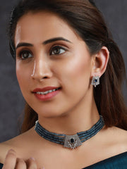 Priyaasi Blue Multilayer American Diamond Choker Jewellery Set