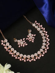 Pink Studded Floral Rose Gold Plated Jewellery Set