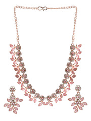 Pink Studded Floral Rose Gold Plated Jewellery Set