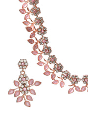 Pink Studded Floral Rose Gold Plated Jewellery Set